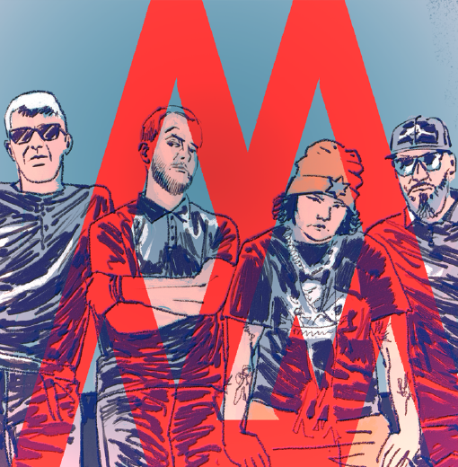 Grtafika z członkami zespołu Nanga. To czterej mężczyźni. Na środku jest duży czerwony znak podobny do litery "M"