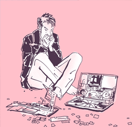 Różowa grafika z podobizną Beardymana i kasetą.